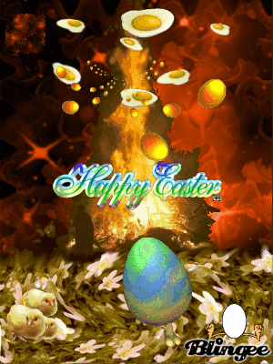 Flying eggs over Easter bonfire.